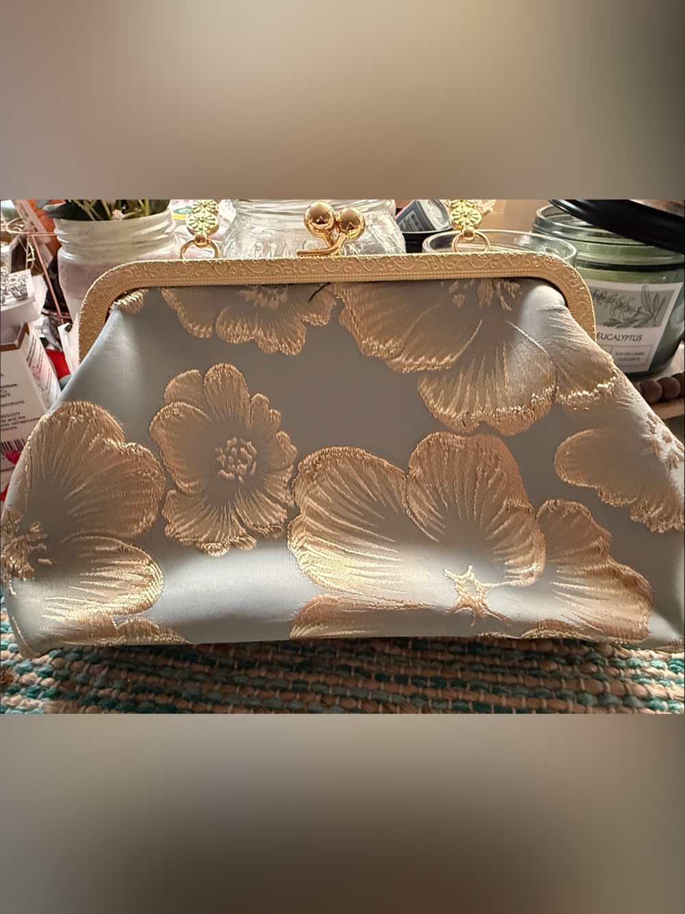 Elegant Gold Floral Satin Clutch - Women Bags